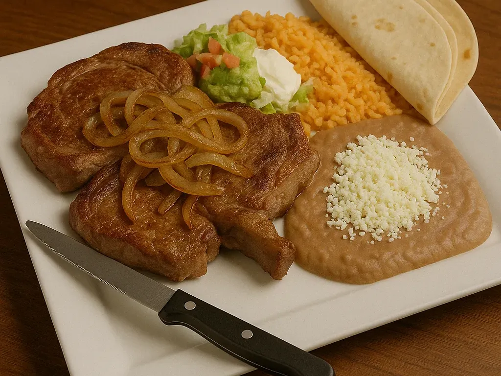 Carne asada plate at San Jose's Mexican Restaurant with grilled ribeye steaks, onions, refried beans, rice, guacamole salad, and tortillas