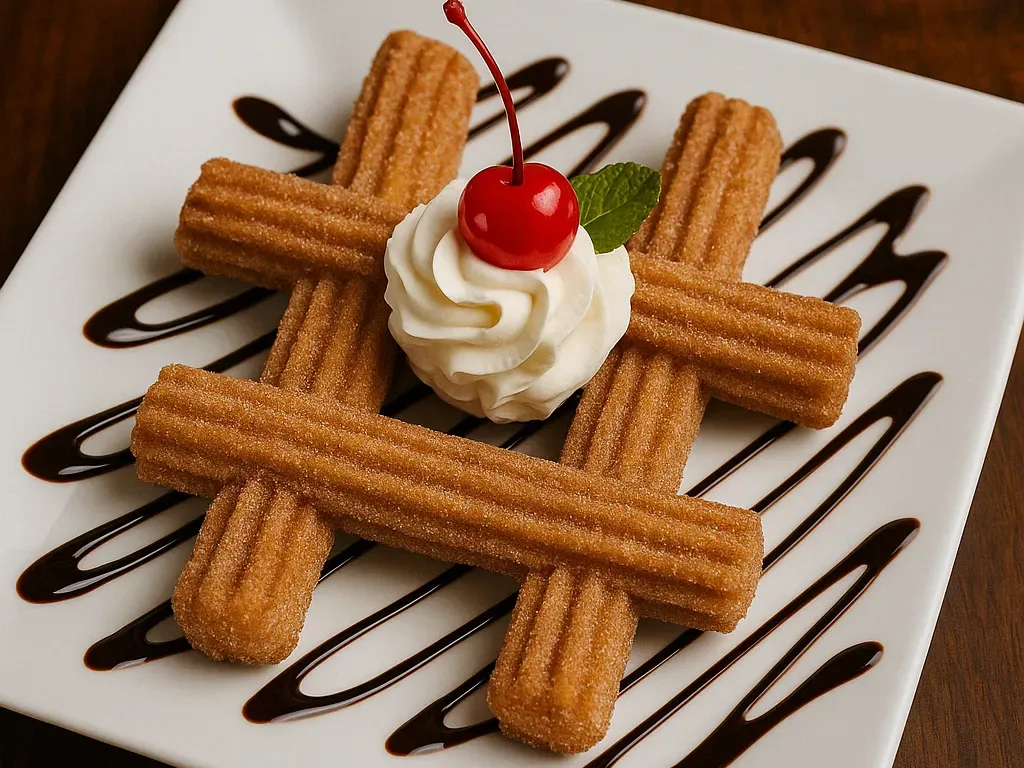 Cinnamon sugar churros at San Jose's Mexican Restaurant arranged with whipped cream, cherry, mint leaf, and chocolate drizzle on a white plate