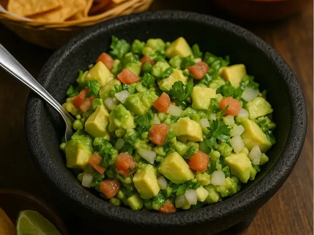 Fresh guacamole at San Jose's Mexican Restaurant, served in a stone molcajete with avocado, tomato, onion, cilantro, chips, and salsa