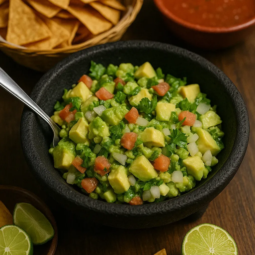 Fresh guacamole at San Jose's Mexican Restaurant, served in a stone molcajete with avocado, tomato, onion, cilantro, chips, and salsa
