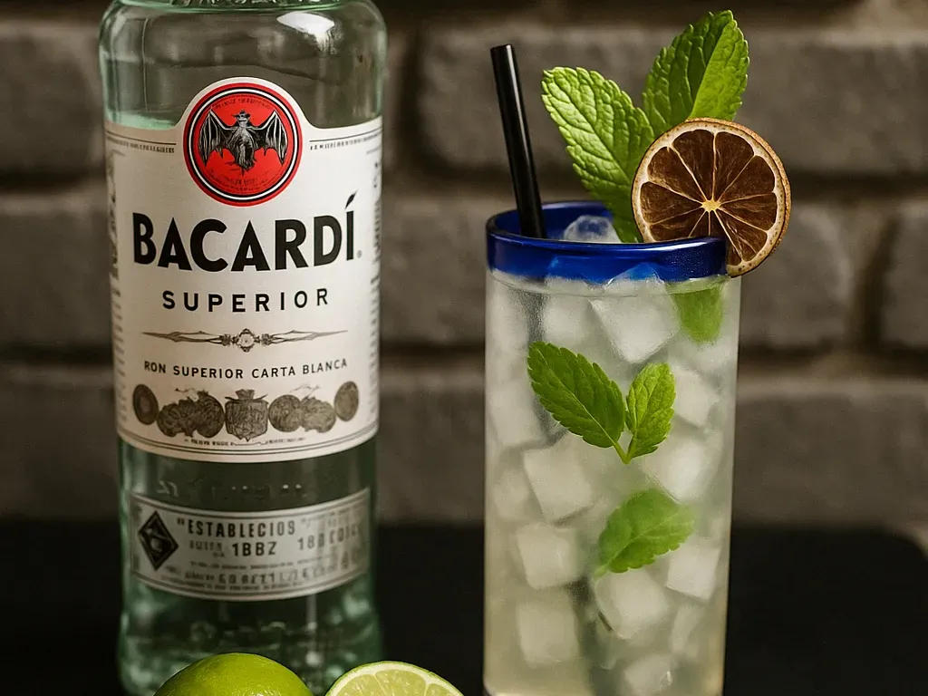 Mojito cocktail at San Jose's Mexican Restaurant with fresh mint, lime, ice, and Bacardi bottle, served on a dark surface with brick background