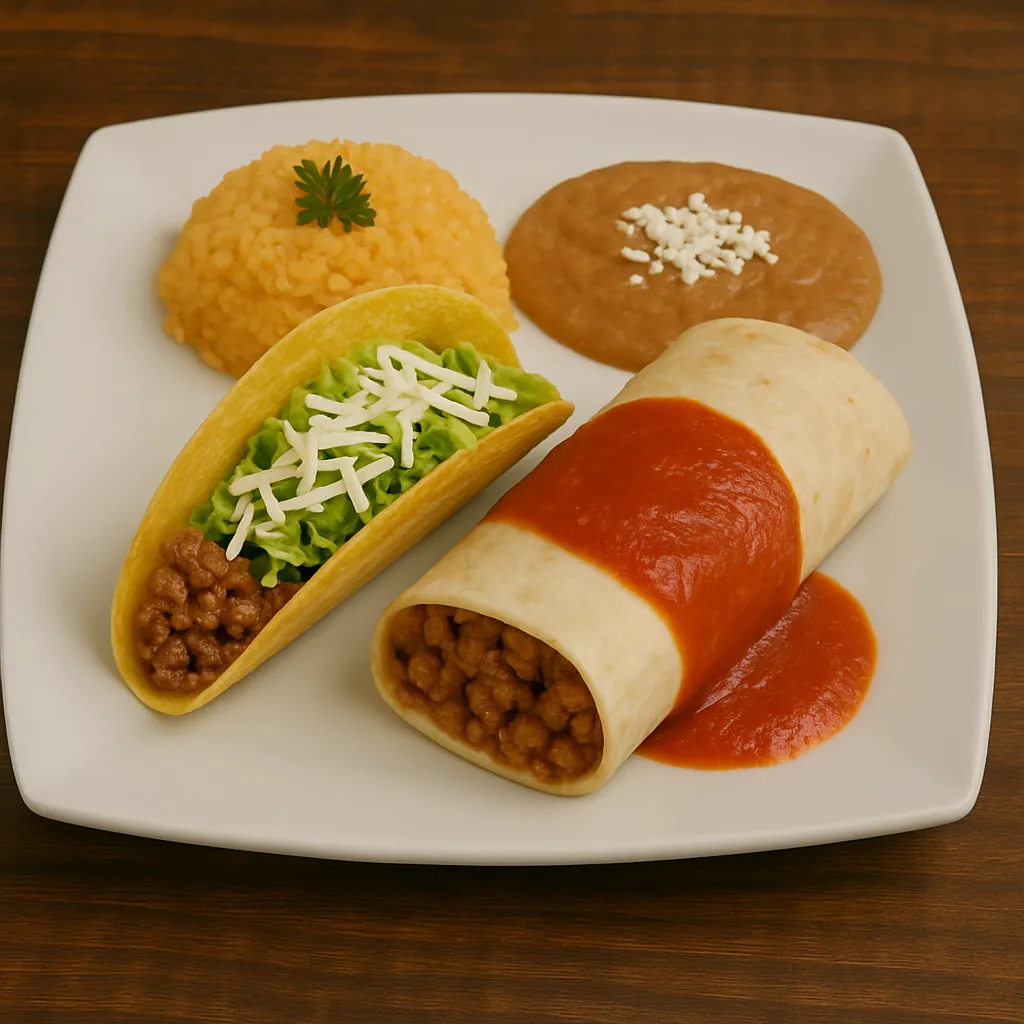 Combo plate at San Jose Mexican Restaurant with one burrito, one taco, Mexican rice, and refried beans