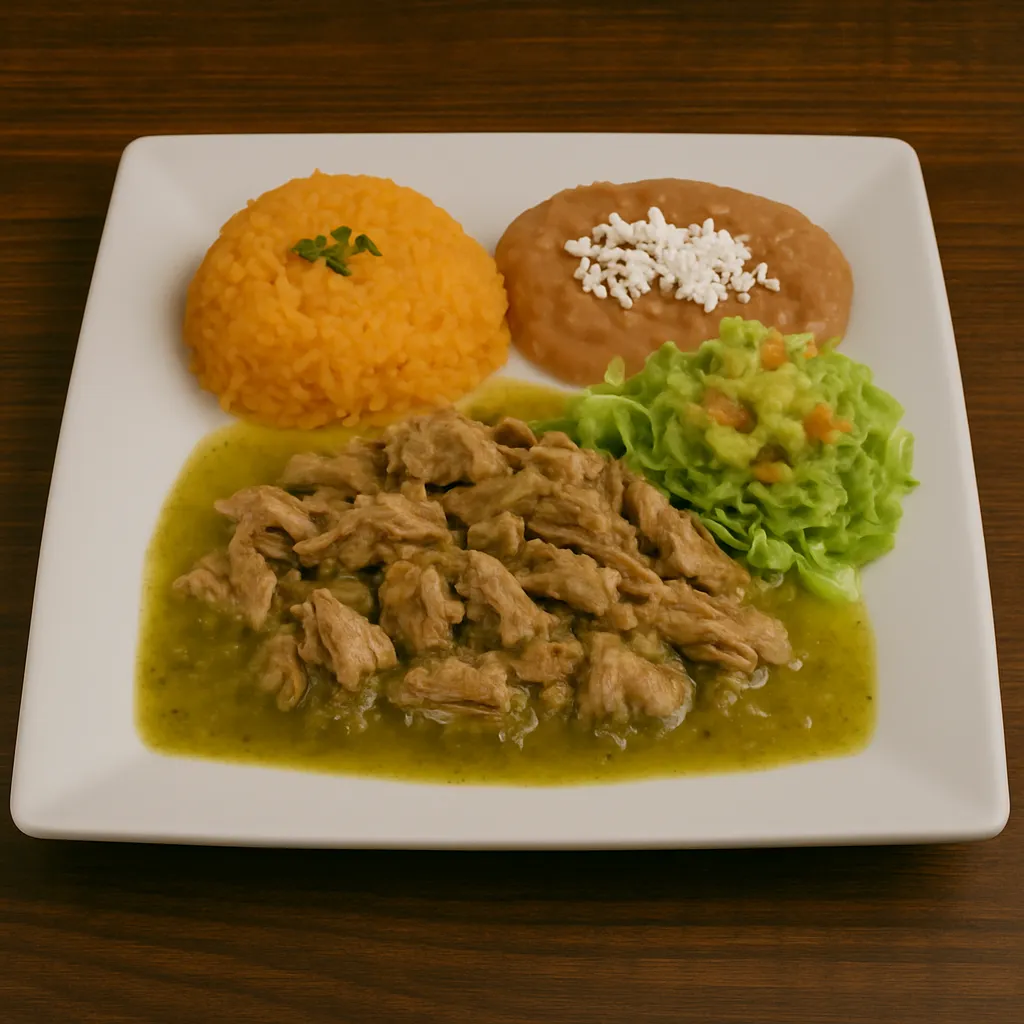 Carnitas in salsa at San Jose Mexican Restaurant served with Mexican rice, refried beans, and warm tortillas