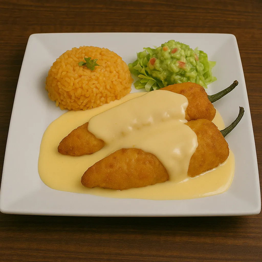 Stuffed chile poblanos at San Jose Mexican Restaurant topped with sauce and cheese, served with Mexican rice and refried beans