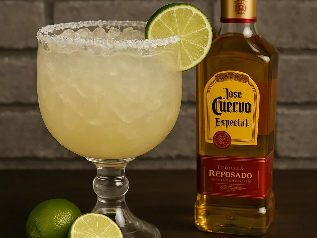 Jumbo house margarita at San Jose's Mexican Restaurant in a salt-rimmed goblet with lime garnish and fresh limes on a rustic table