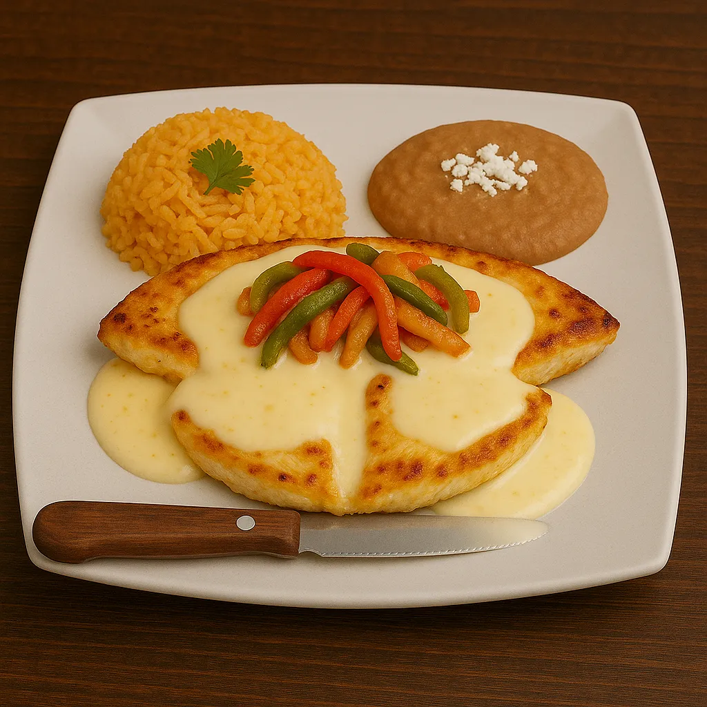 Pollo Loco at San Jose Mexican Restaurant with grilled chicken, sautéed peppers, onions, tomatoes, white cheese sauce, Mexican rice, and refried beans