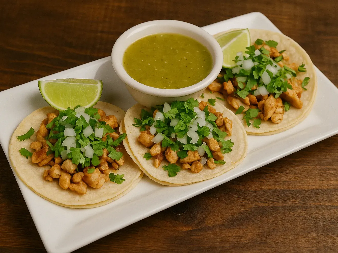 Grilled chicken street tacos at San Jose's Mexican Restaurant on corn tortillas with cilantro, onions, lime wedges, and salsa verde