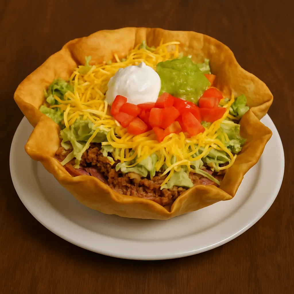 Taco salad at San Jose Mexican Restaurant served in a crispy tortilla shell with ground beef, beans, lettuce, tomatoes, cheese, sour cream, and guacamole on a white plate