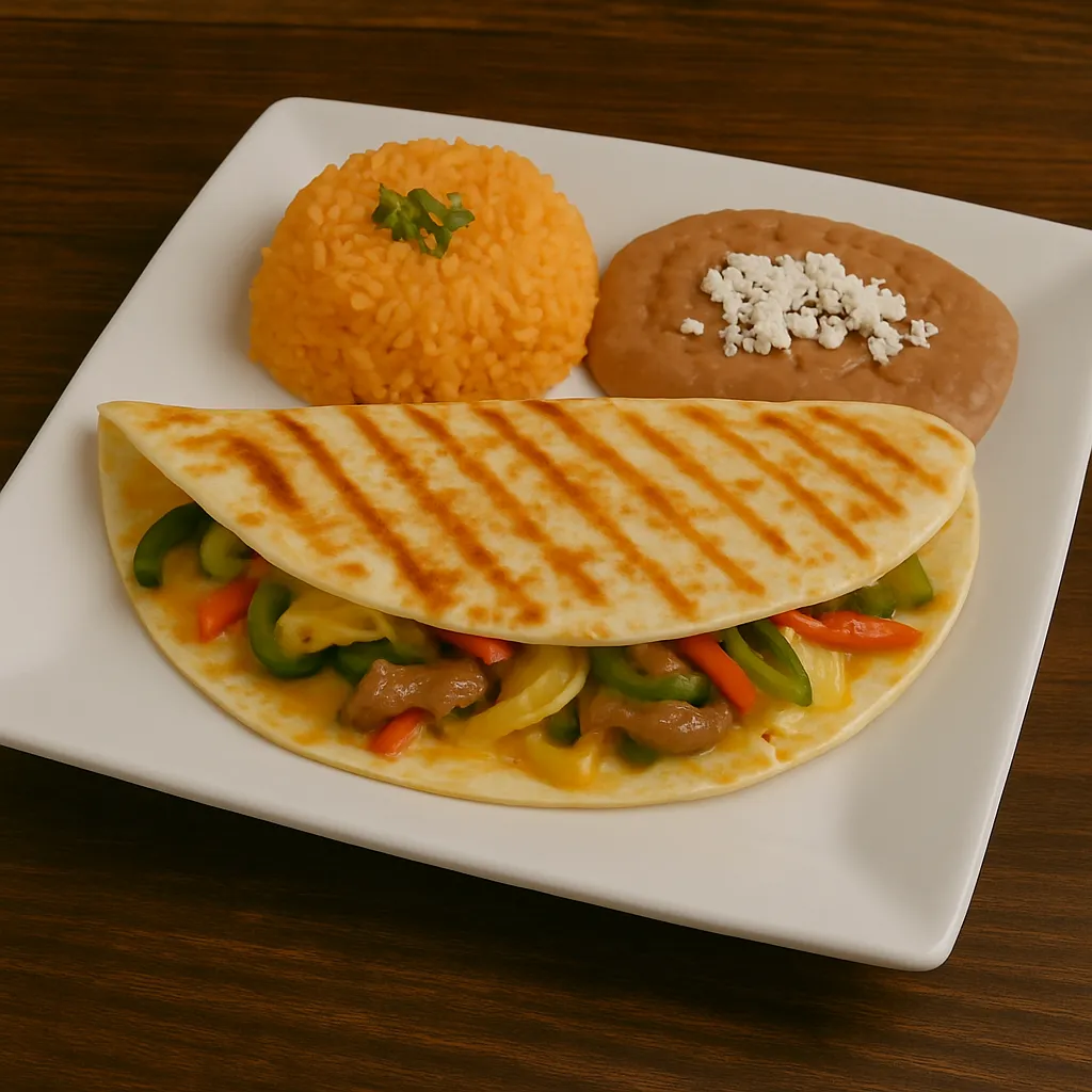 Vegetarian quesadilla at San Jose Mexican Restaurant filled with cheese and sautéed vegetables, served with Mexican rice, refried beans, and guacamole